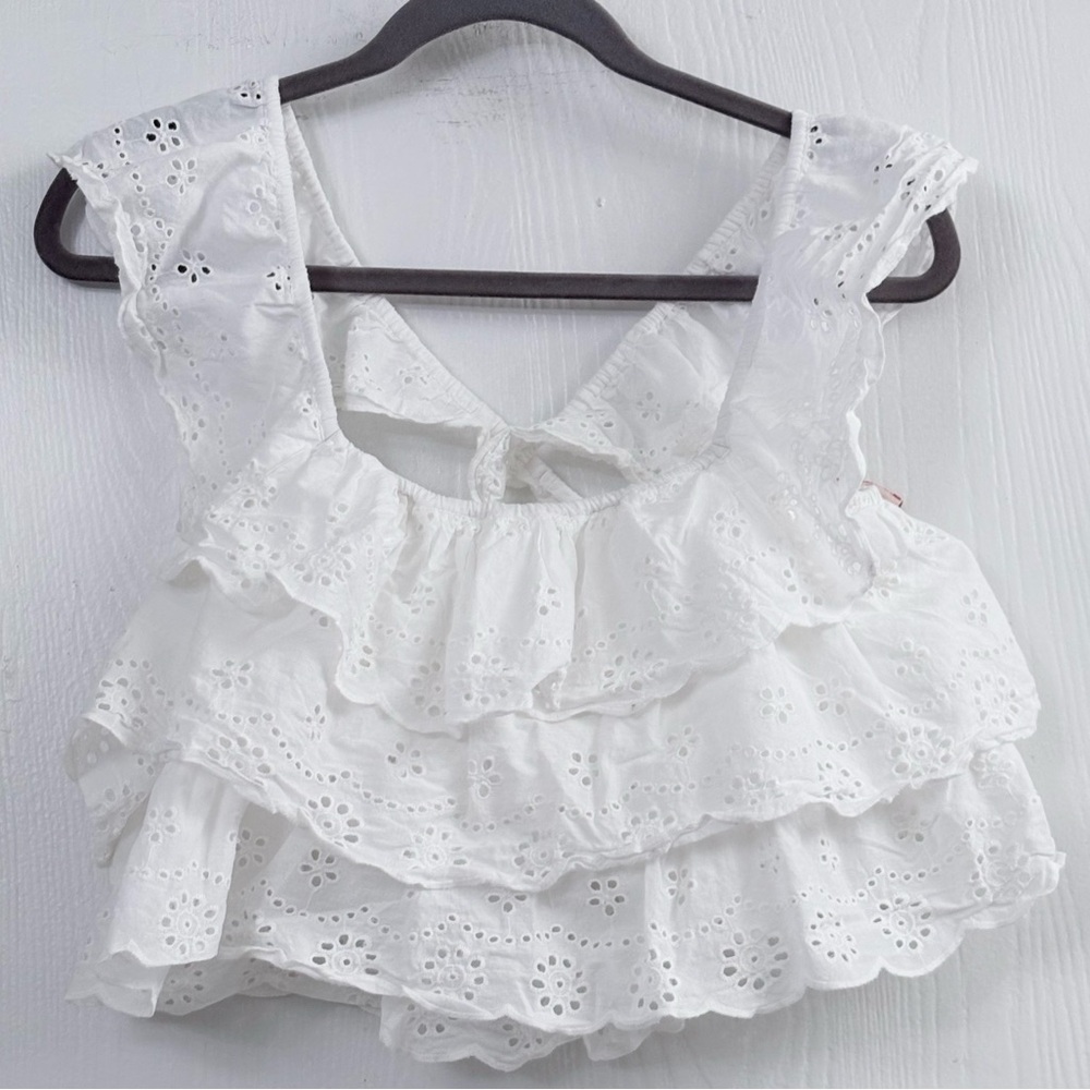 Show Me Your Mumu Girly Top White Eyelet Ruffle Crop Cami Size Medium - Picture 2 of 11
